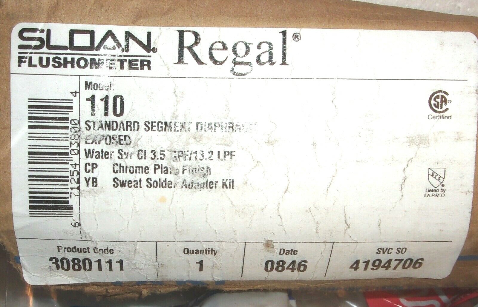 SLOAN REGAL FLUSHOMETER MODEL 110 WATER SVR CL .5 GAF1.2 LPF CHROME PLATE FINISH
