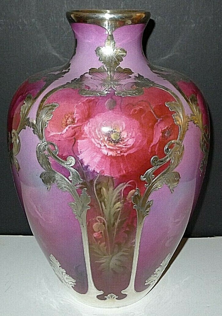 CAC Lenox Exposition RARE Art Nouveau Poppies Sterling Silver Overlay Vase RARE