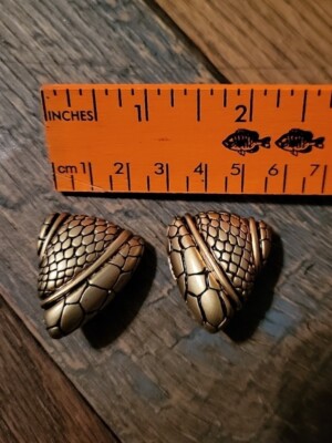 Vintage Earrings- Signed KIM - Reptile Snake Pattern - Gold Tone Clip On