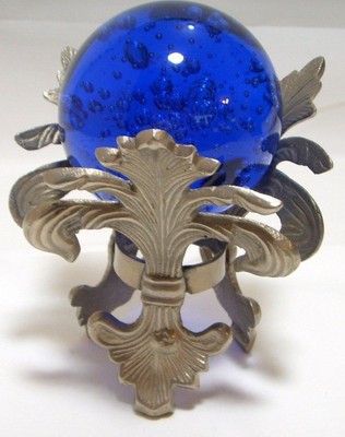Fluer De Lis Garden Sphere Pewter Stand Blue Glass Ball