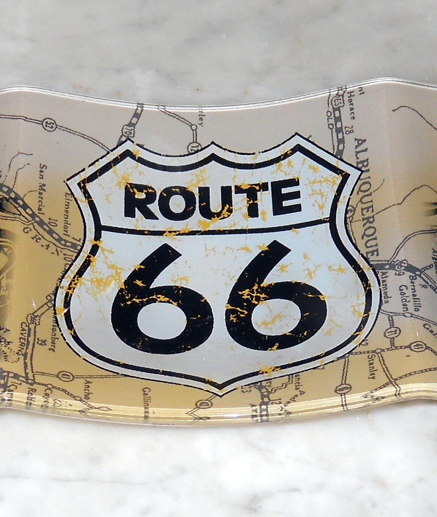 ROUTE 66 GLASS TRAY WITH MOTORCYCLES ON EACH SIDE AND RT 66 SIGN IN CENTER
