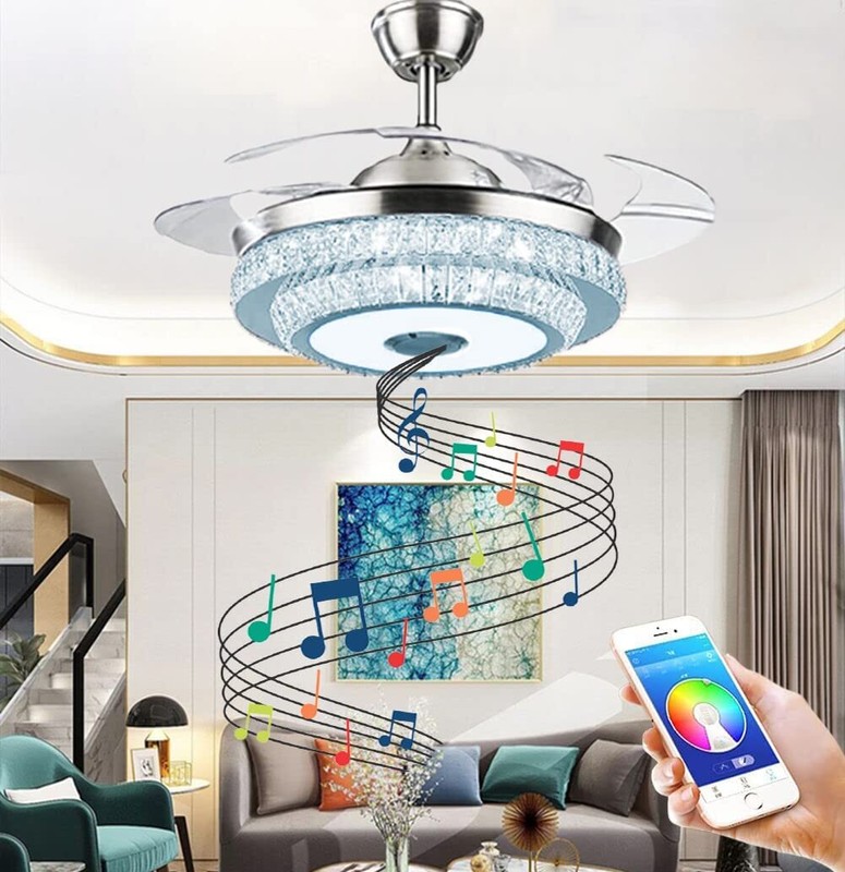 42"Bluetooth 7-Color Dimming Chandelier Smart Music Crystal Ceiling Fan w/Remote