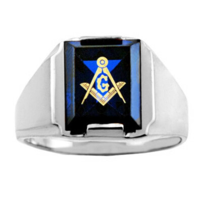 Pre-owned Fdj White Gold Freemason Blue Stone Square And Compass Masonic Mens Ring