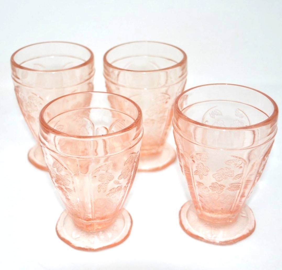Cherry Blossom PInk 4.25 oz Footed Set of Tumblers Reproduction Depression Glass
