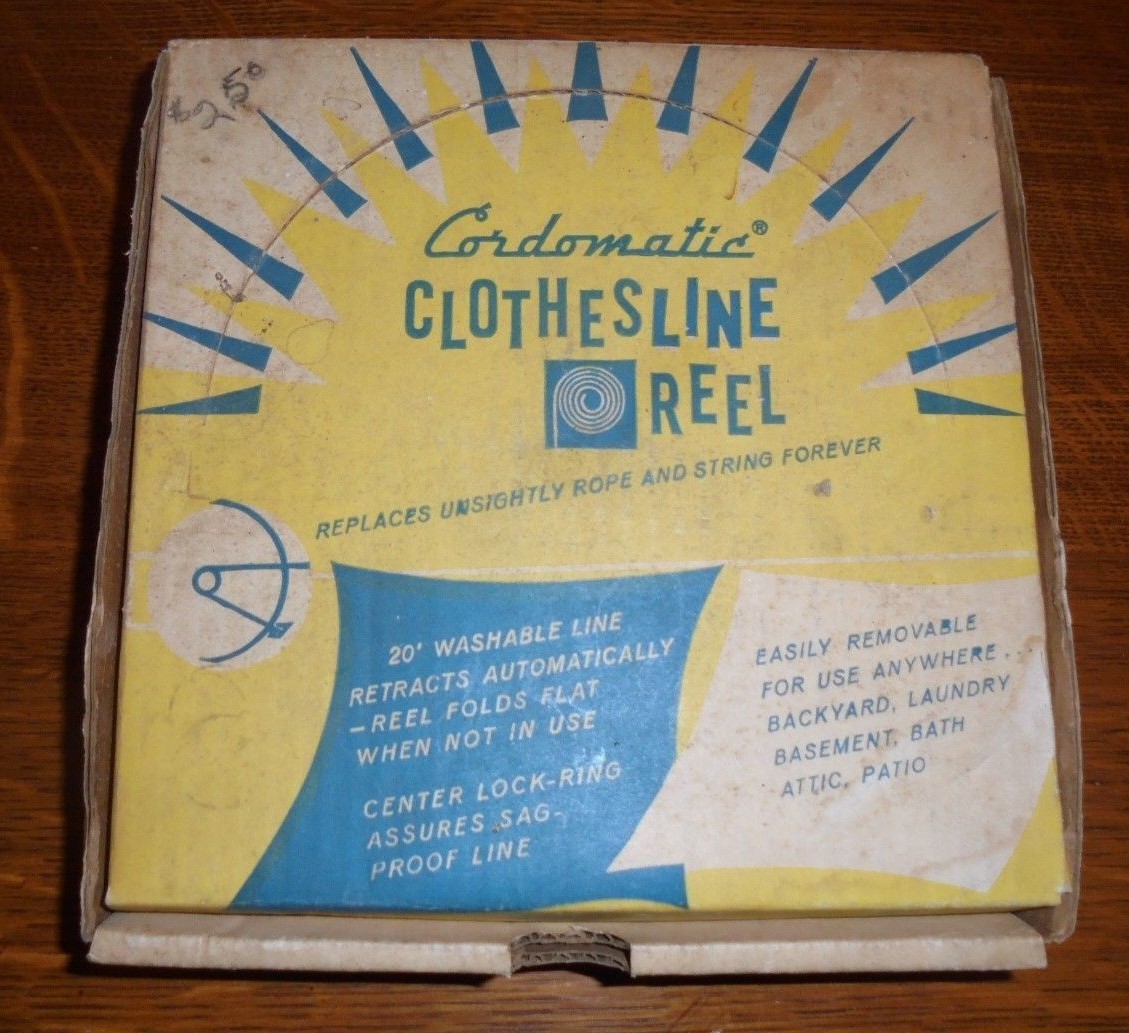 Vintage Cordomatic clothesline reel with all paperwork, hardware and original bo
