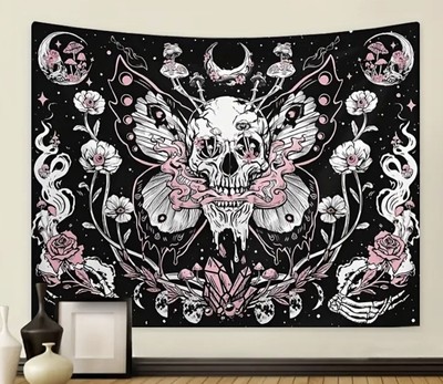 Skull Tapestry for Bedroom Terror Moon Gothic Skeleton Art Pink Black 29  X 36 