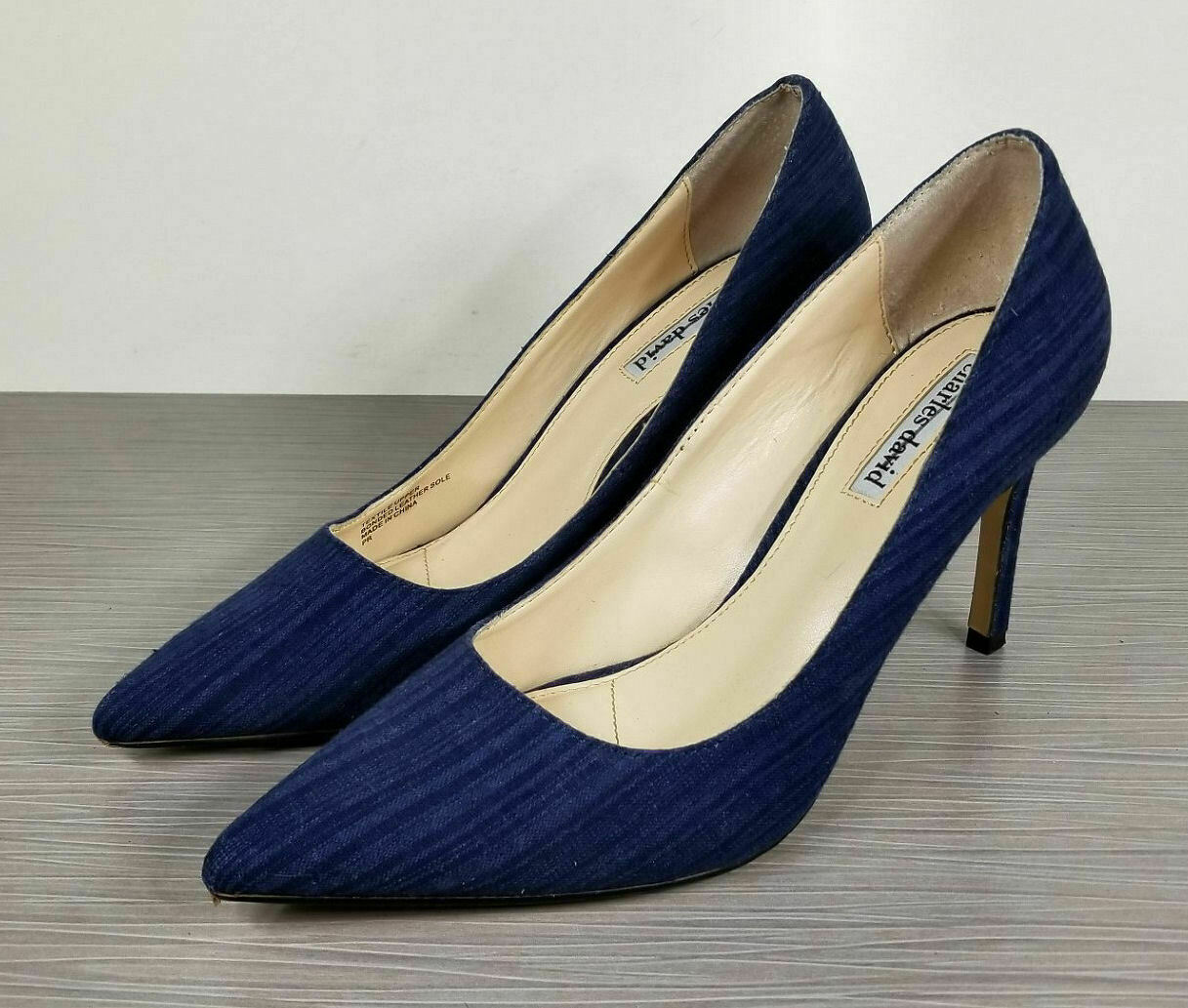 Chales David Caterina Pointy Toe Pump, Blue Textile, Womens Size 8