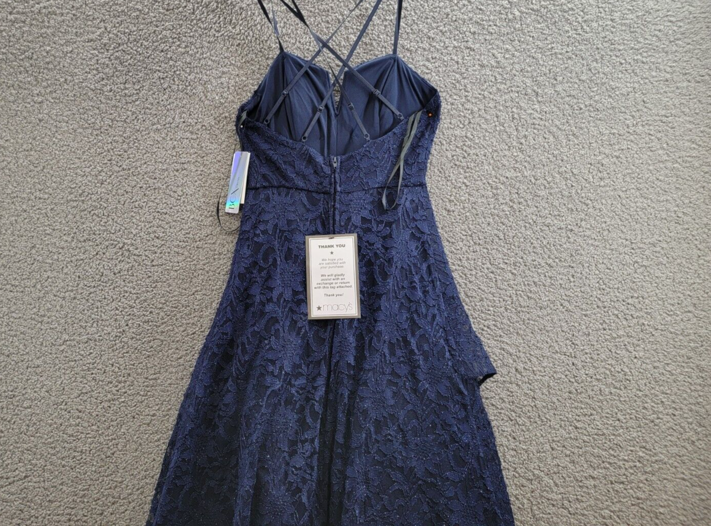 BCX Glitter Floral Spaghetti Strap Notch V-Neck Gown Juniors' 1 Navy Back Zip - Picture 10 of 16