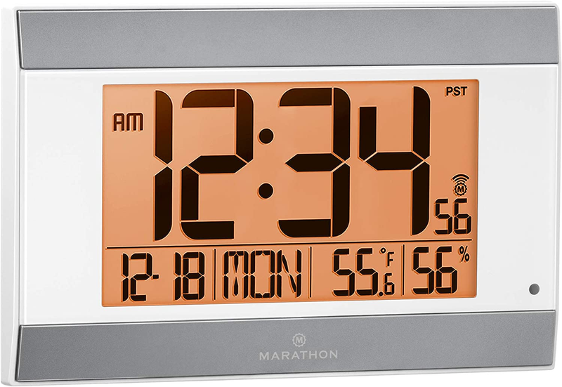 Large Atomic Wall Clock with Auto Backlight, Calendar, Temperature, and Humidity