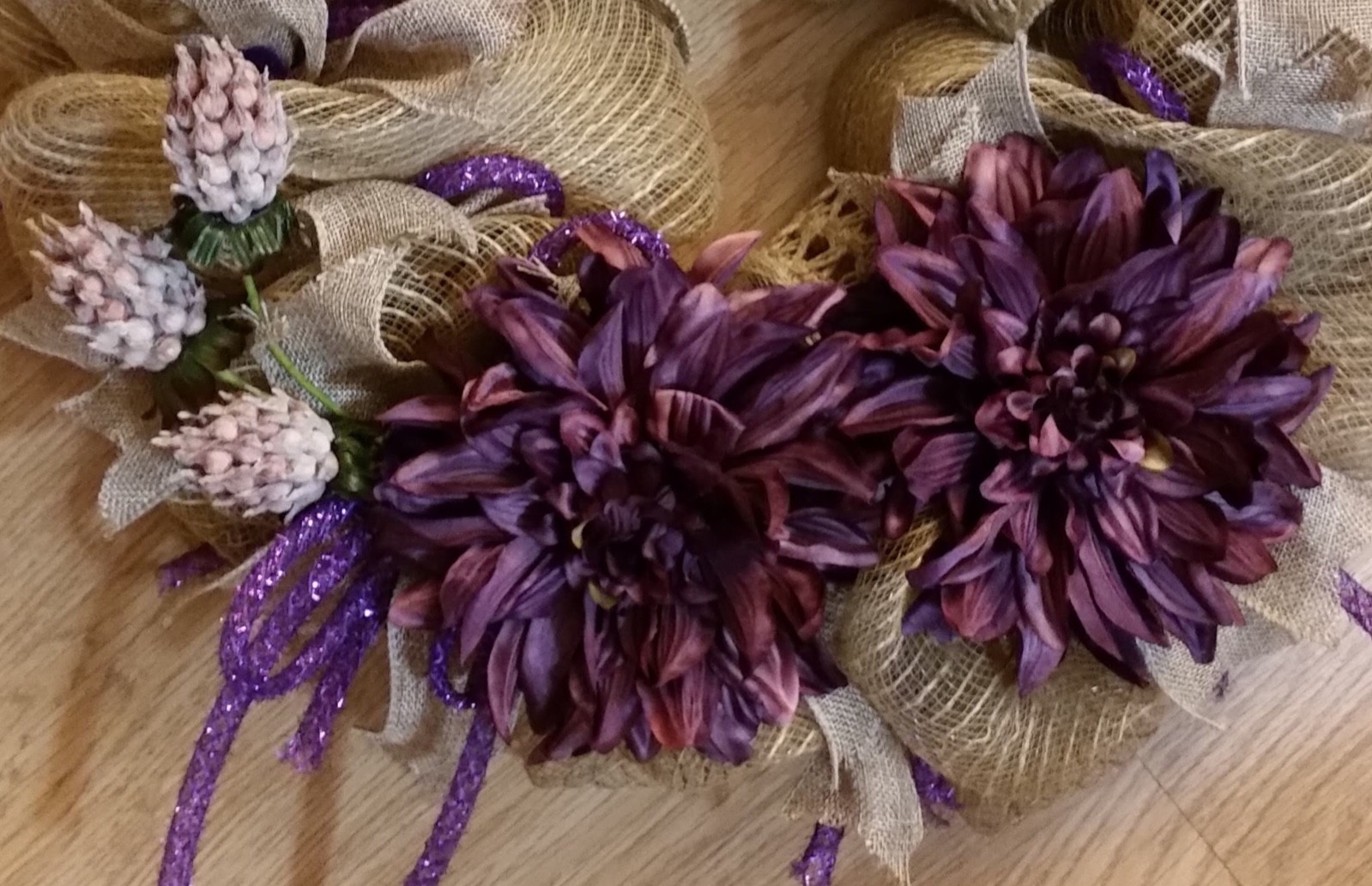 Spring deco mesh wreath Spring flower wreath Spring burlap wreath  Purple mums