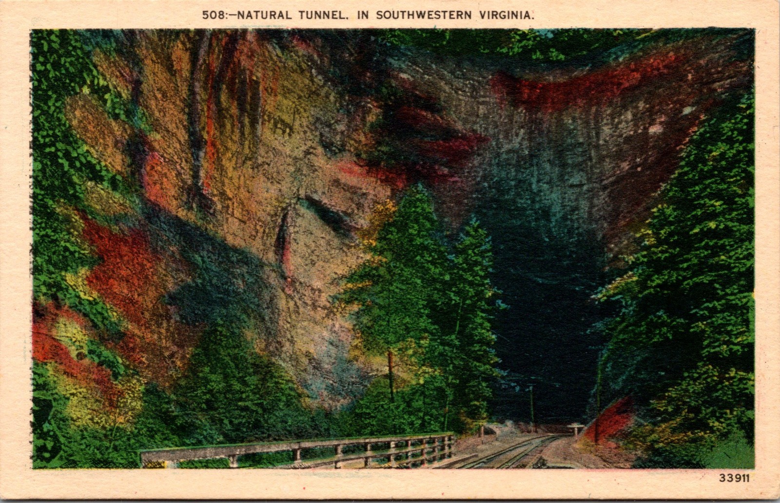 508-Natural Tunnel in Southwestern Virginia Linen Postcard Train Tracks