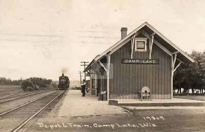 Camp Lake WI Wisconsin Train Station 2 1912 RPPC Photo Postcard COPY