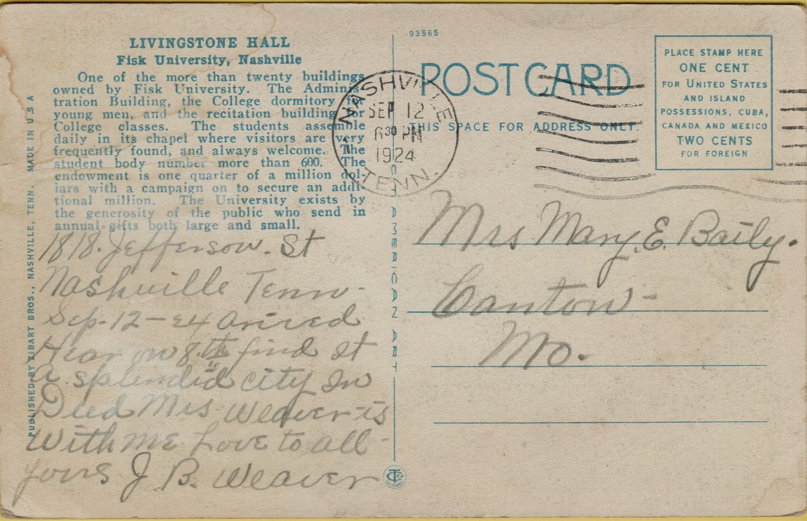 1924 Exterior View Livingstone Hall Fisk University Nashville TN Postcard B35