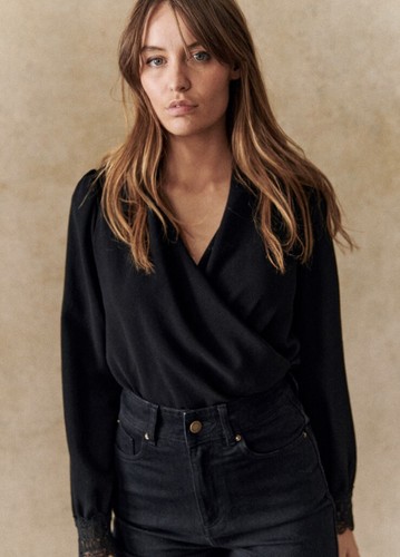 emm ensemblesleeve blouse 黒 Women's Long Sleeve V Neck Elastic Waist Asymmetrical