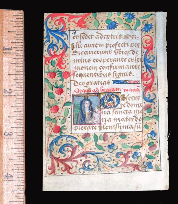 c. 1500 MEDIEVAL BOOK OF HOURS LEAF, FRANCE, ILLUMINATED MINIATURE and BORDERS