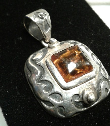 925 Sterling Silver Silpada Square Amber Slide Pendant Signed