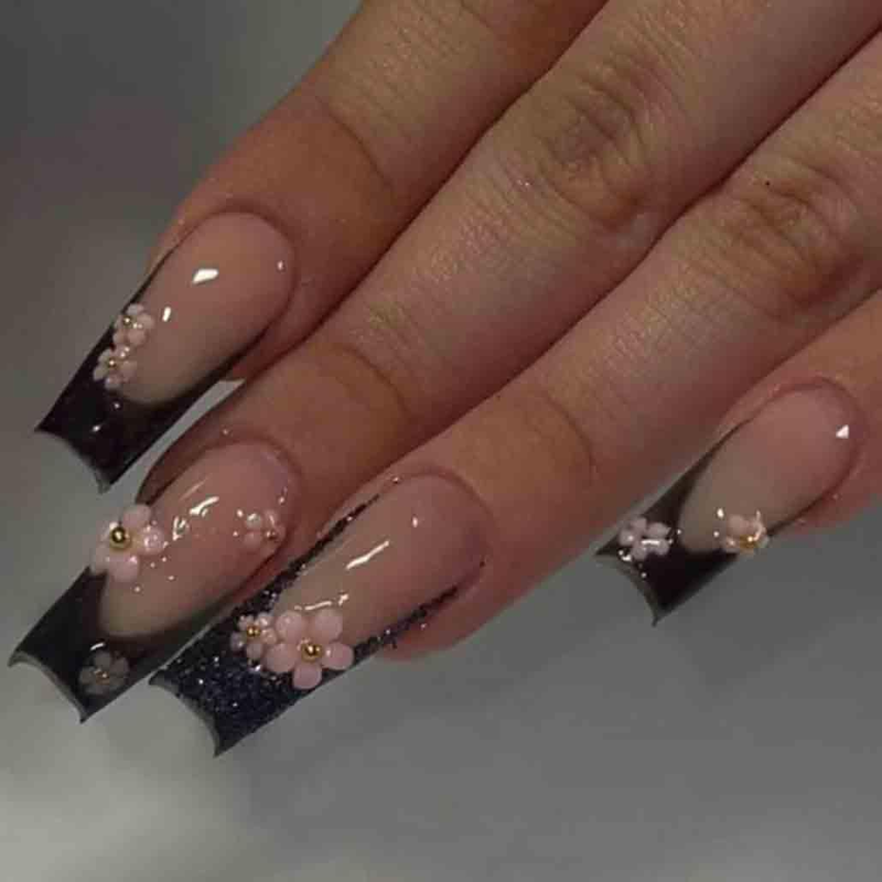 On Nails Long French 3d Flower Fake Nails Coffin Glossy False Nail