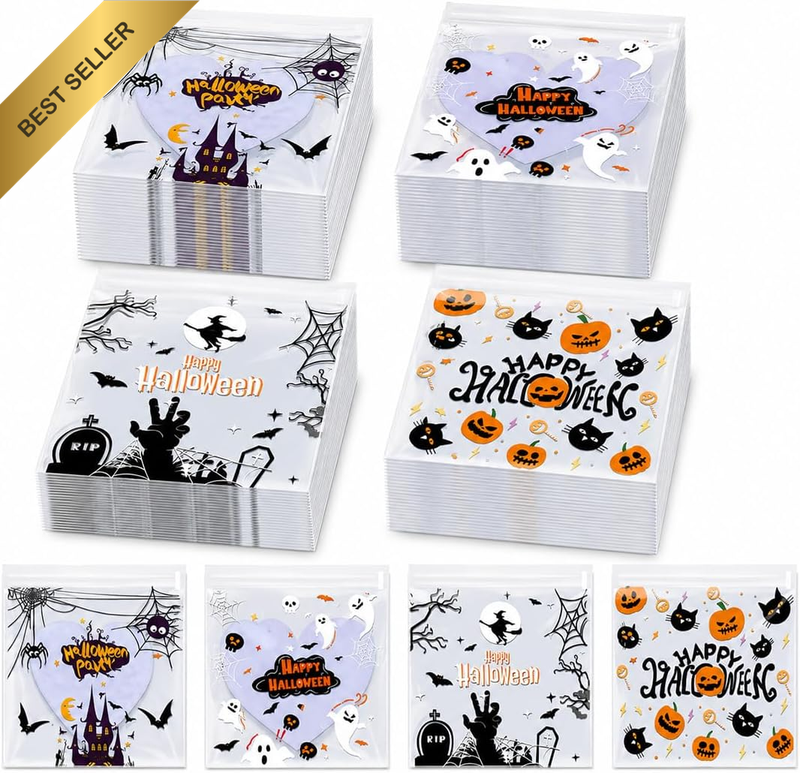200 Pack Halloween Cookie Bags, Self-Adhesive