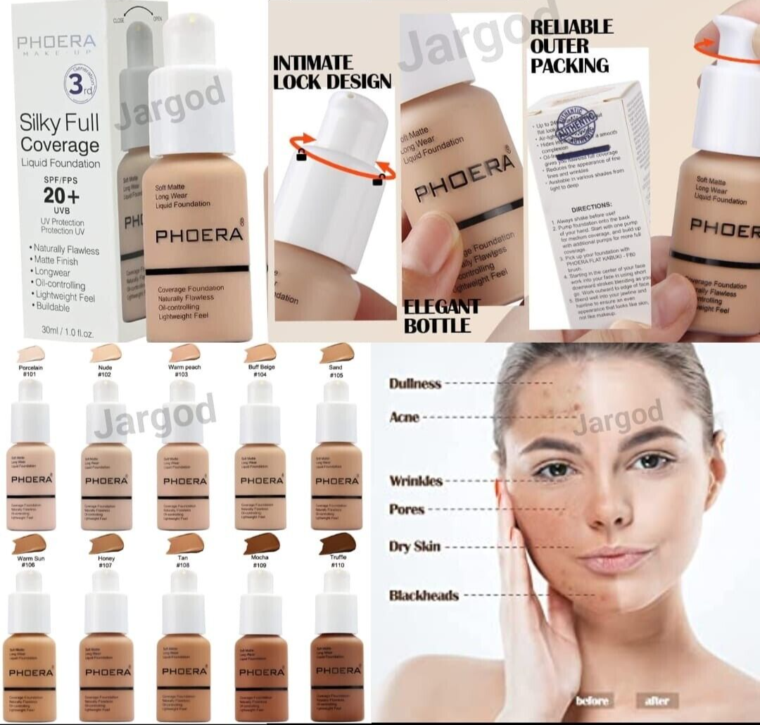 Phoera Foundation Makeup Full Coverage Liquid Base Brighten Long Lasting Shade