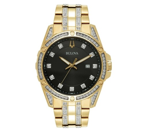 Pre-owned Bulova Men's Quartz Swarovski Crystals Accents Gold-tone Band 42mm Watch 98k107