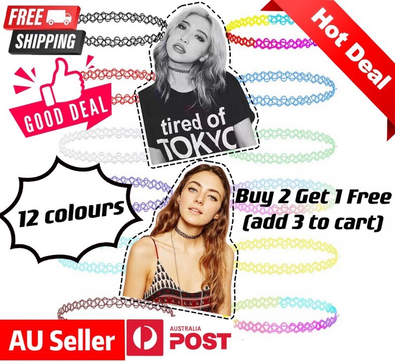 90s Tattoo Choker Stretch Necklace Multi Color Cord Retro Elastic Boho Gothic