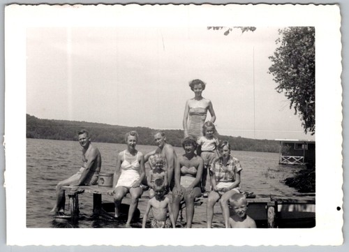 Vtg B&W Snapshot Large Family Group Swimwear Dock Summer Lake Minnesota 1951