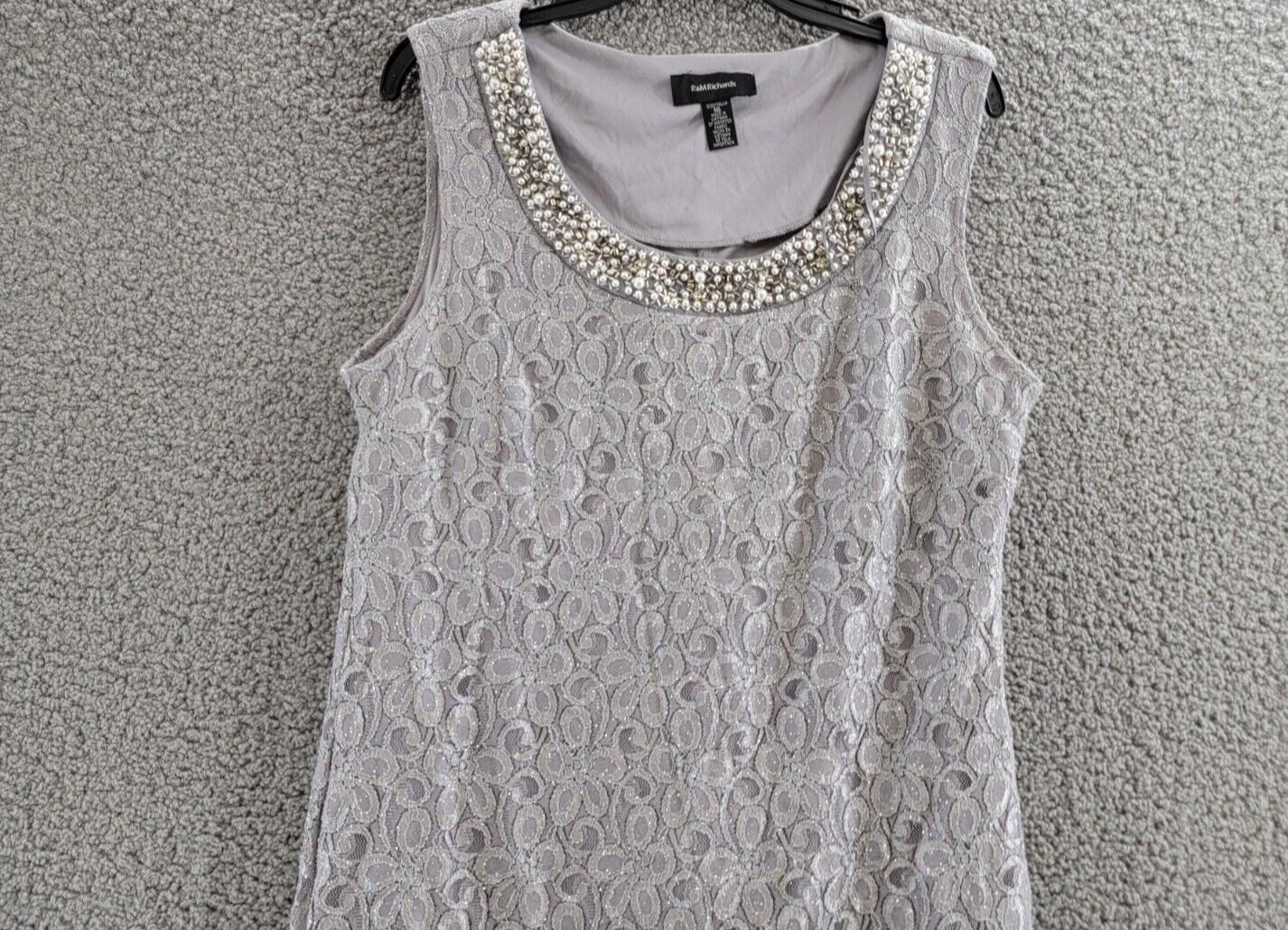 R&M Richards Beaded Neck Lace Dress Women's 16 Ivory Floral Crew Neck Sleeveless - Picture 3 of 15