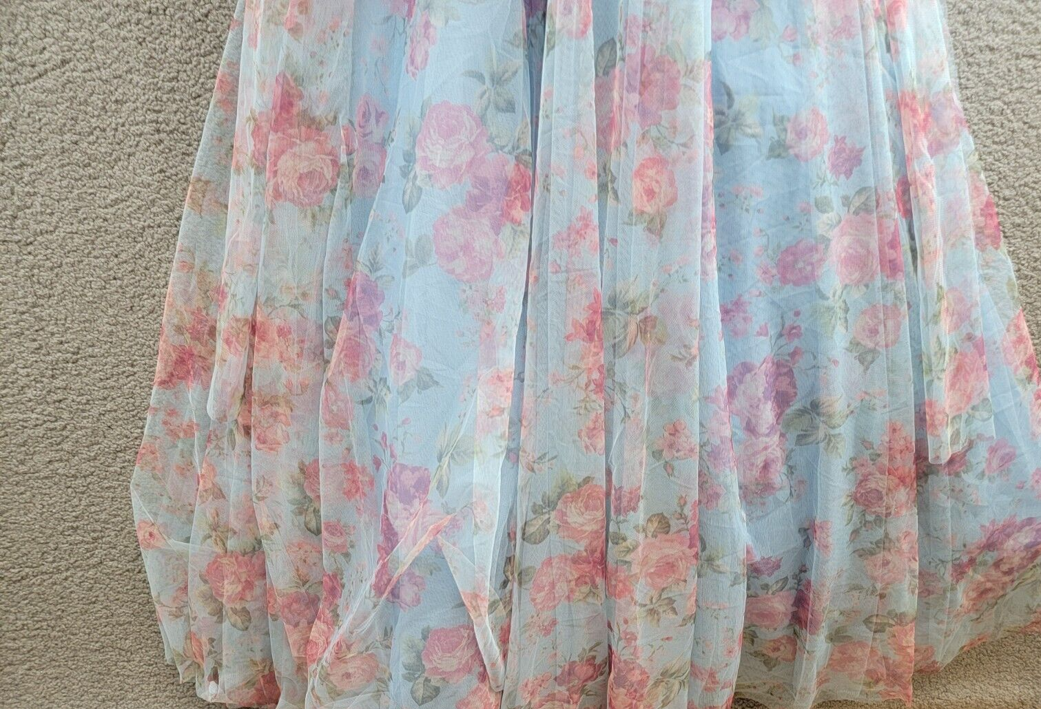 City Studio Floral-Print Bustier Gown Women's 0 Sky/Rose Ruffle Sweetheart Neck - Picture 11 of 16