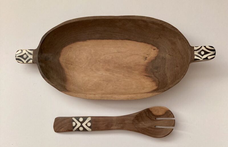 Vintage African Wood Bowl Bone Inlay Utensil