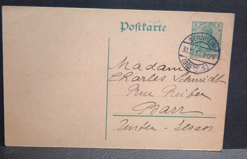 Entier Postal Allemand OblitéRé De Sennheim Oberelsass Du 31. 12. 13. (1913)