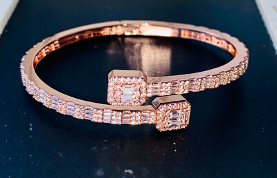Women's Ice Out 5MM Link Baguette Open Iced Bangle Bracelet 14k Rose Gold Finish