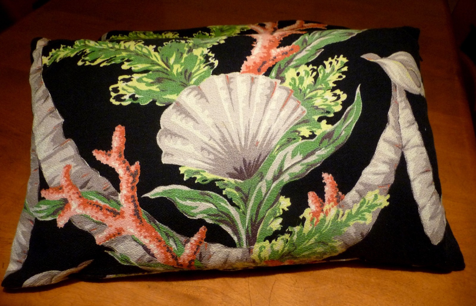 Vtg MID Century BLACK Bark Cloth SEASHELL Red Pink CORAL Reef SEA LIFE FABRIC