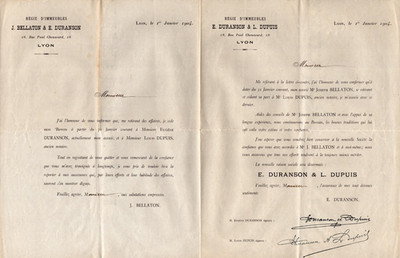 LYON (69) Régie d'IMMEUBLES "J. BELLATON / E. DURANSON & L. DUPUIS" en 1904