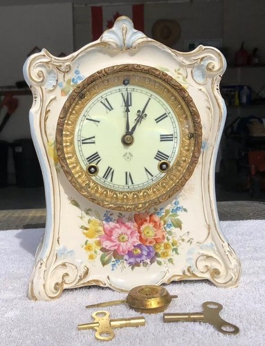 1913 Antique Ansonia Porcelain Mantel Clock Working Correctly LaCumbre RoyalBonn