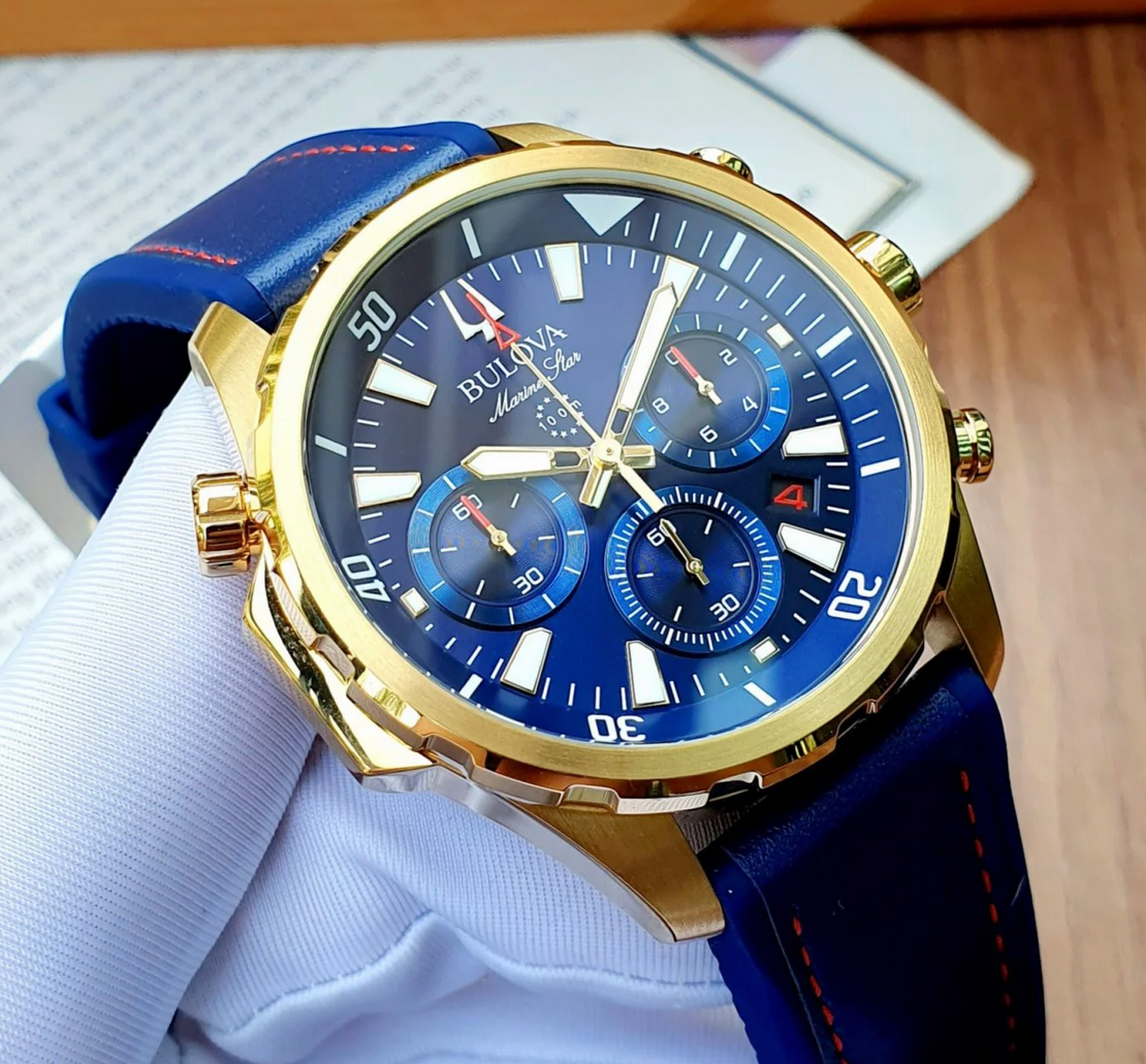 Pre-owned Bulova Marine Star Blue Dial 97b168 Gold Tone Silicone Strap Men's Watch