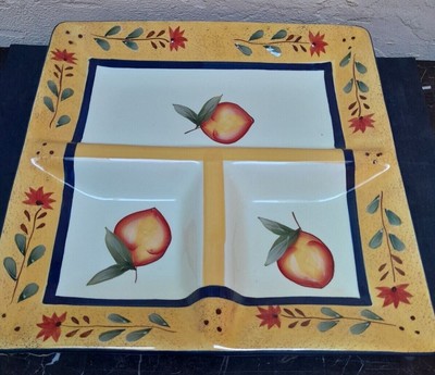  14'' Square Serving Bowl With 3 Compartment Multicolor Floral Peach Themed Liddy