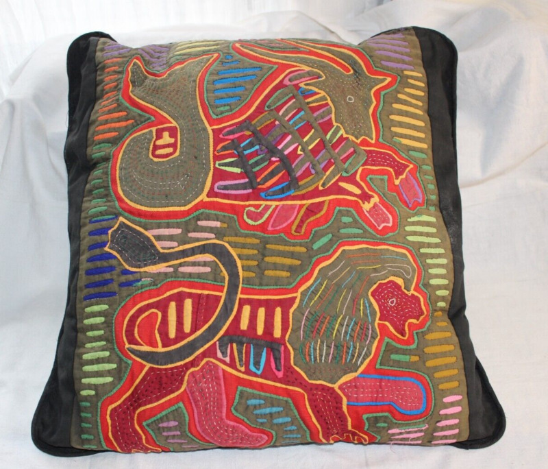 Vintage Kuna Indian Mola Panama Animals Lion Goat Hand Stitched Pillow 12x12"
