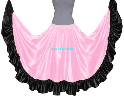 Mix 12 Yard Satin Flamenco Skirt Ruffle Circle Belly Dance Jupe Tribal Gypsy IN