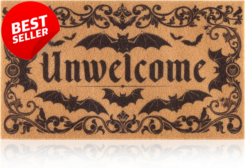 Gothic Bat Door Mat Go Away Skull Brown Coir Non Slip Entry Rug Halloween - US