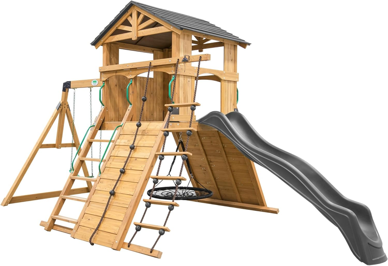 Playset With Gray Wave Slide For Backyard With