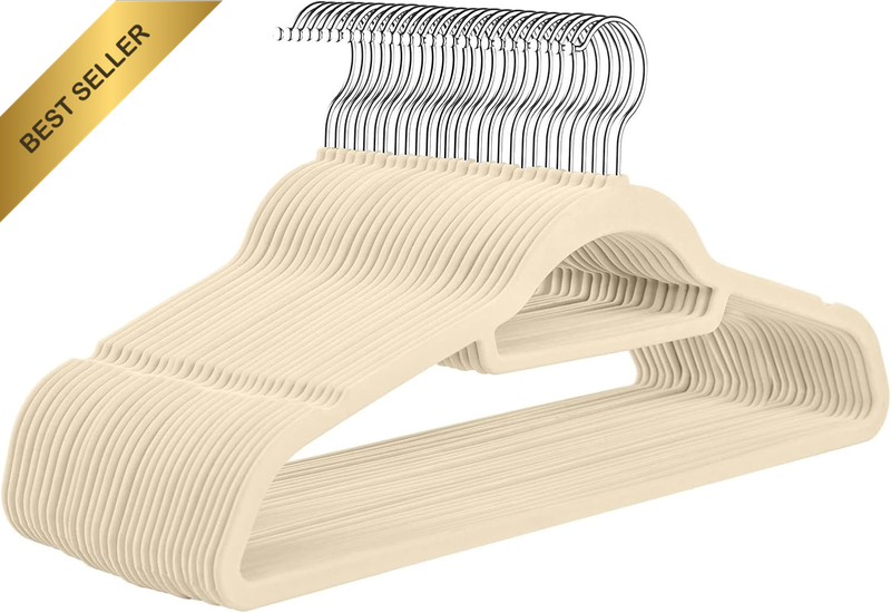 Beige Velvet Hangers 50 Pack Non-Slip Heavy Duty 360° Swivel Hook Space Saving