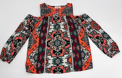 GB Girls Shirt Small Aztec Mod Party Lined Flare Cold Shoulder Sleeves
