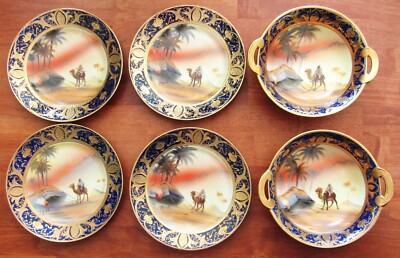 Noritake Hand Painted Desert Scene Egyptian Revival (4) Plates & (2) Bowls JAPAN