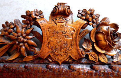 Arwaburg, Oravsky hrad, Arva vara, Slowakei, Holzrelief um 1880 mit Adelswappen