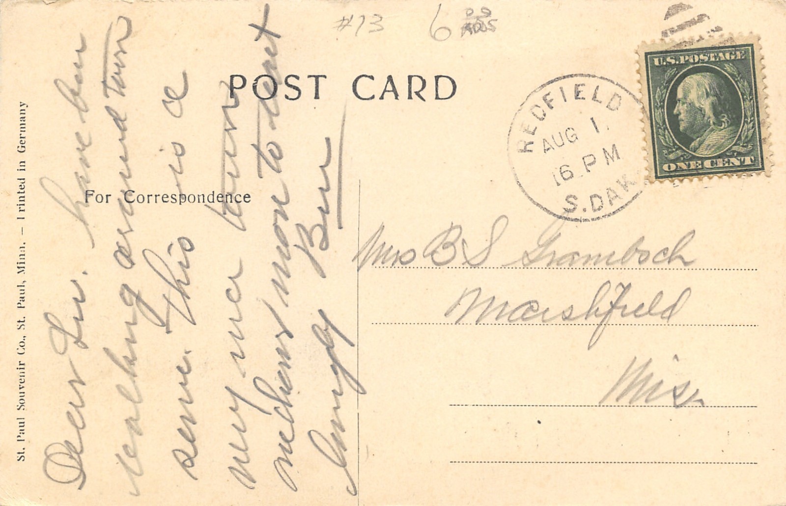 Redfield South Dakota~Business Section~Main Street~Land Agency~Meat Market~1909