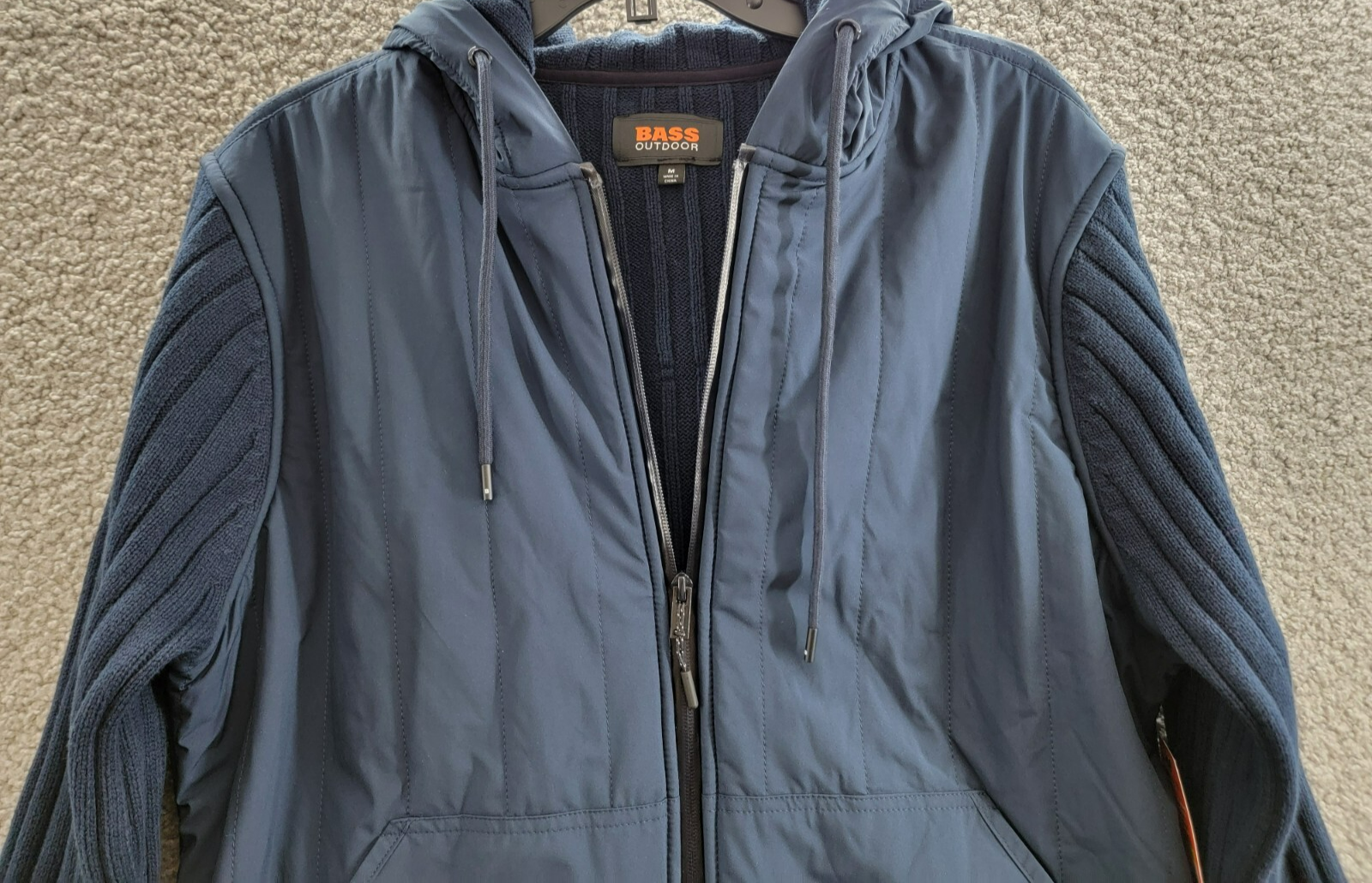 BASS OUTDOOR Mixed Media Zip-Front Hooded Sweater Jacket Men's M Navy Blaze L/S - Picture 3 of 17