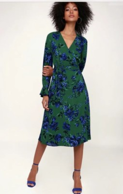 LULUS - Sexy Floral Green Blue Midi Wrap Dress M NWT Flaws See Pictures