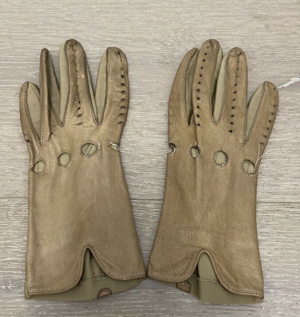 VTG Brown Leather, Nylon Spandex Wrist Length Driving Gloves O...