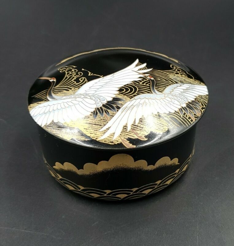 Vintage Japan SHIBATA Porcelain Crane Black Covered Trinket Dish Jewelry Box 044