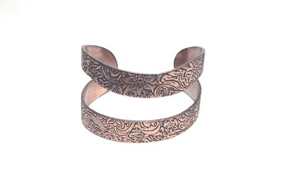 Vintage Flower Etched Curved Copper Cuff Bracelet 1.50'' Wide